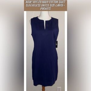 New! NY&Co Navy Cotton Shift Sleeveless Dress Size Large- Pockets